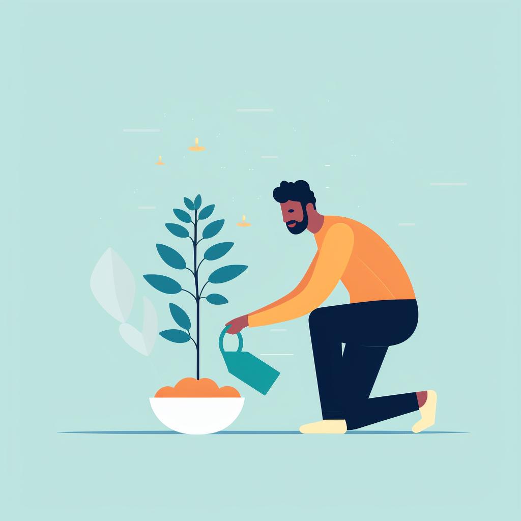 A person patiently watering a plant, symbolizing growth over time